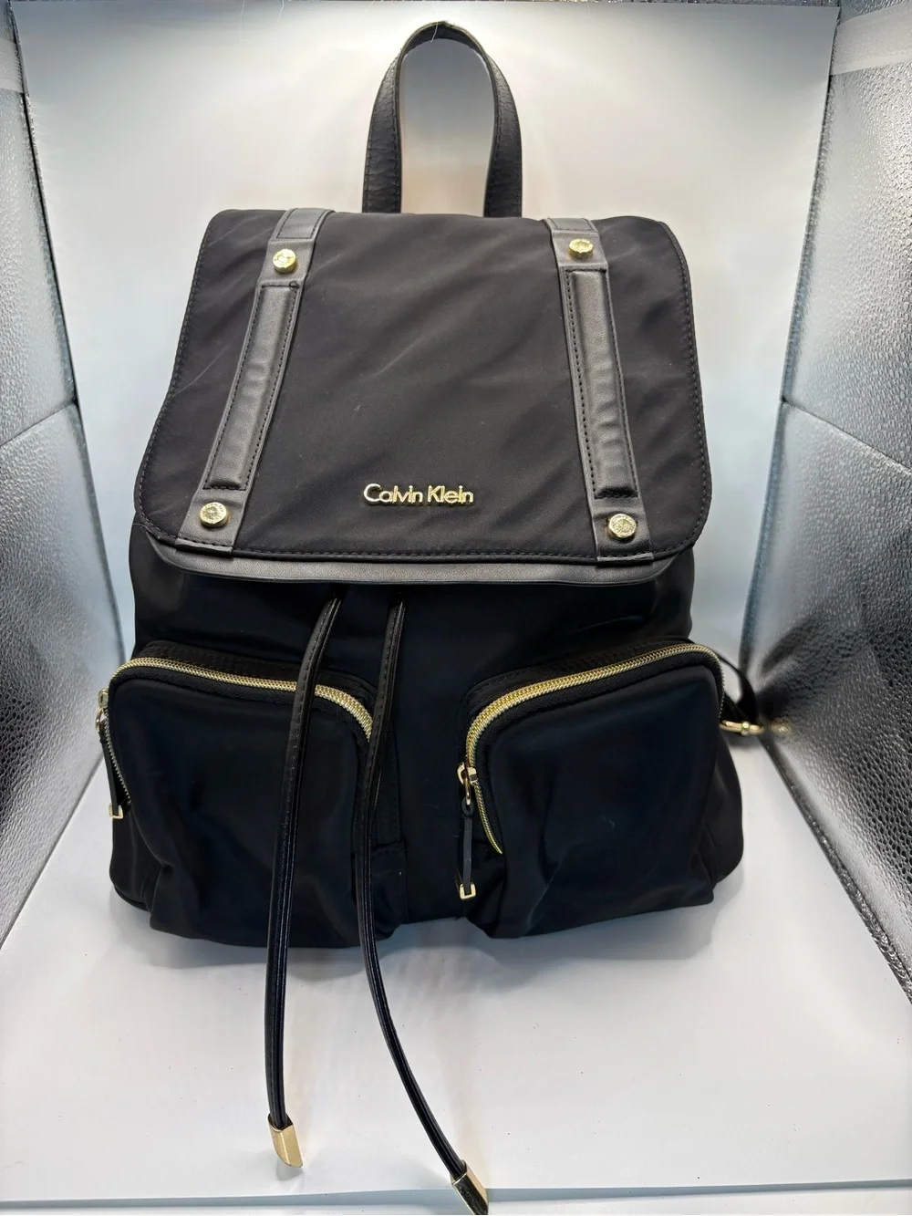 Calvin Klein Black Nylon Backpack with Gold Hardware